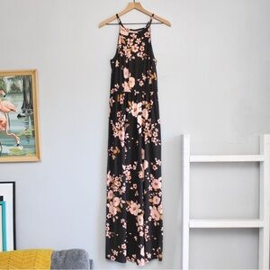 French Grey Black Pink Floral High-Neck Maxi Dress Size Medium